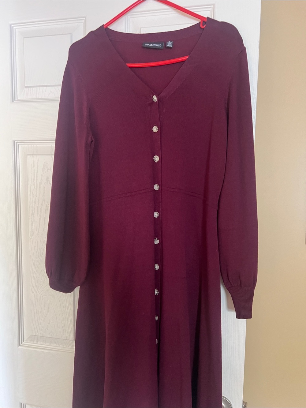 Nina Leonard Burgundy Long Sleeve Button-Front Dress